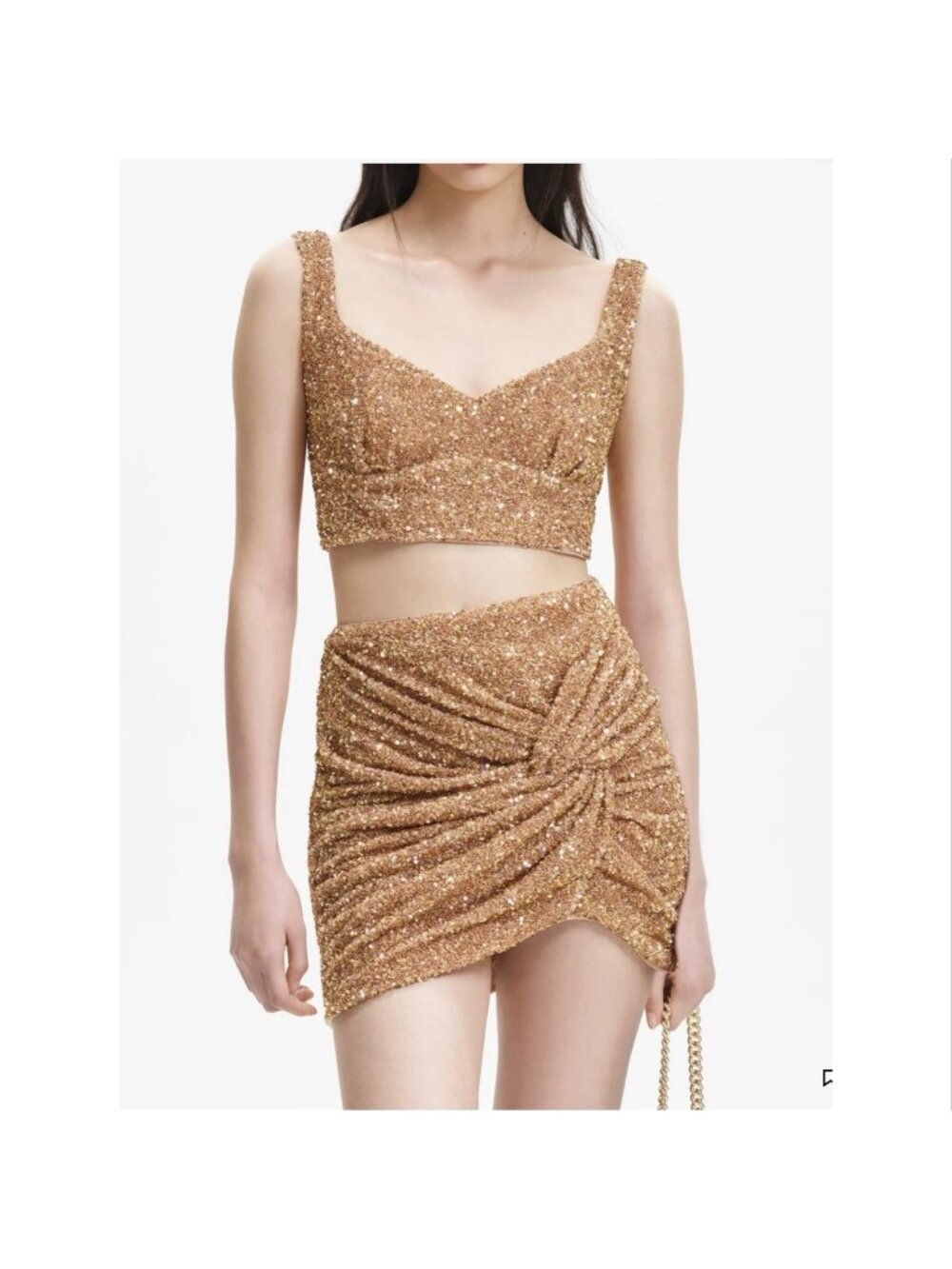 Self-Portrait 2pc Set Gold Sequins Crop Top & Mini Skirt Size US 2/4